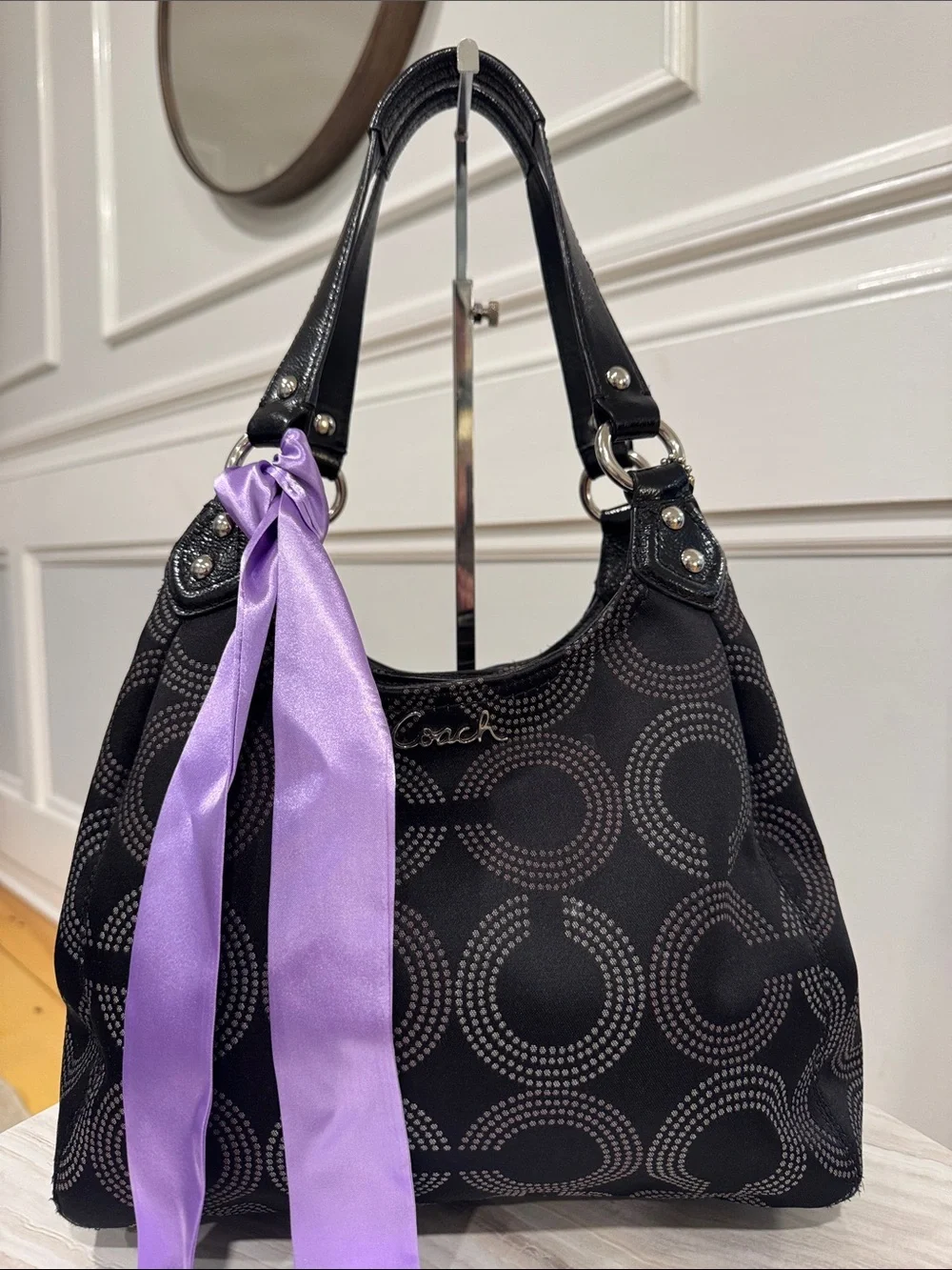 Coach Bag Ashley Dotted Op Art Black Signature Logo Hobo Shoulder Bag